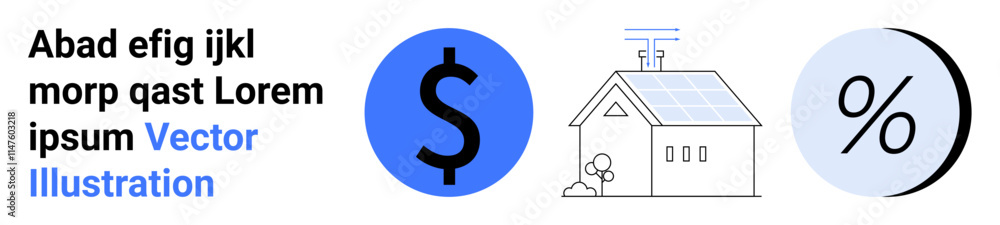 Dollar sign in blue circle, solar house with solar panels, percentage symbol in half circle. Ideal for advertising, solar energy, financial services, investment, sustainable living, home improvement Dollar sign in blue circle, solar house with solar panels, percentage symbol in half circle. Ideal for advertising, solar energy, financial services, investment, sustainable living, home improvement