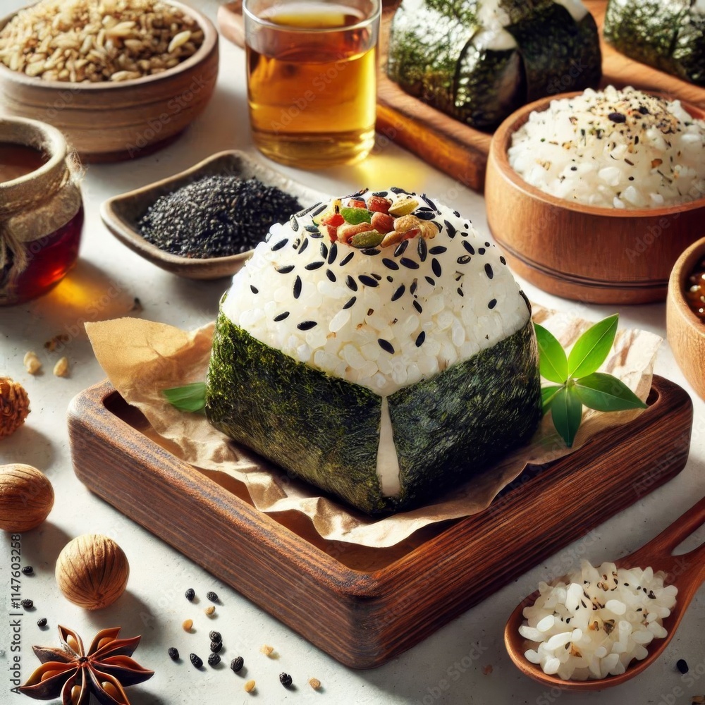 Onigiri rice ball, rice mixed with seaweed, a traditional Japanese snack, placed on white background Onigiri rice ball, rice mixed with seaweed, a traditional Japanese snack, placed on white background