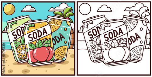 Summer season with soda drinks coloring page vector illustration