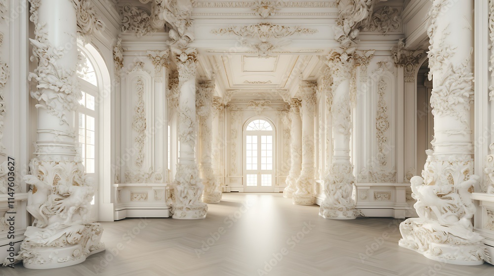 Sunlit opulent white hall with ornate columns, arches, and sculptures. Sunlit opulent white hall with ornate columns, arches, and sculptures.