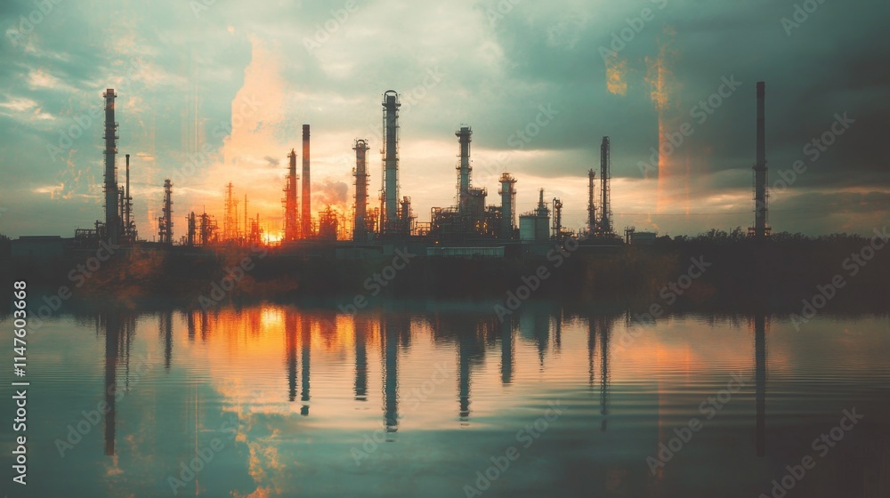 Sunset over industrial oil refinery water reflection urban landscape serene environment industrial concept Sunset over industrial oil refinery water reflection urban landscape serene environment industrial concept