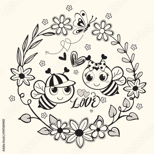 Cute bee vector loving sweet honey with beautiful flower decoration  