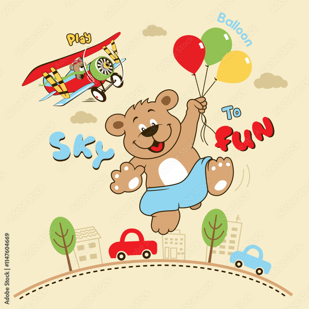 Fototapeta premium Cute bear vector happily flying with colorful balloons over a busy city skyline in a playful and whimsical design 