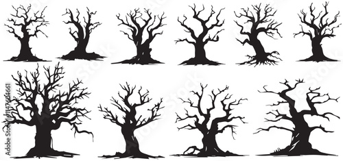 Trees without leaves, hand drawing silhouette. Trunks and branches of different types of trees, vector illustration set