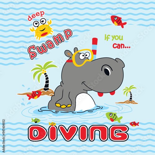 Cute hippo vector illustration diving in the water. Playful underwater adventure.