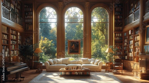 Grand Library Interior with Bookshelves and Sunlight