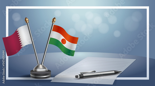 Qatar and Niger National flags on small table with bokeh background, cooperative relationship