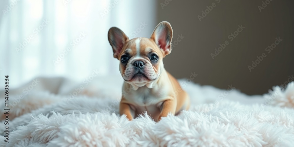 A tiny French Bulldog puppy lies comfortably on a fluffy blanket, showcasing its adorable features in a warm, relaxed indoor environment during daylight A tiny French Bulldog puppy lies comfortably on a fluffy blanket, showcasing its adorable features in a warm, relaxed indoor environment during daylight