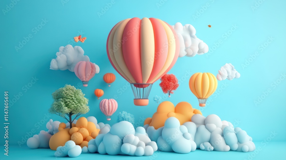 Obraz premium Pastel hot air balloons floating amongst fluffy clouds and stylized trees on a light blue background.