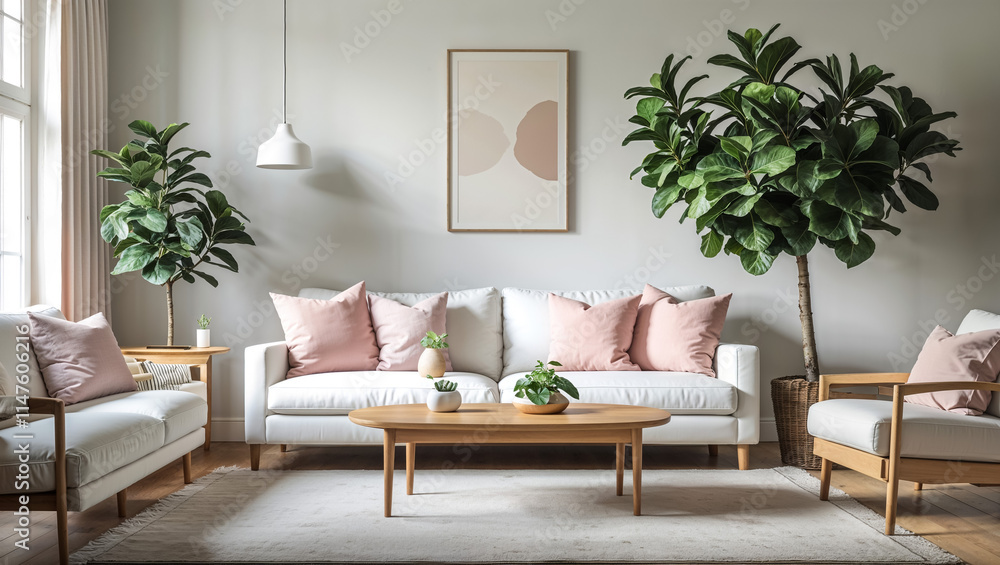 Minimalist Scandinavian Style Living Room with Beige Sofa and Elegant Decor Minimalist Scandinavian Style Living Room with Beige Sofa and Elegant Decor