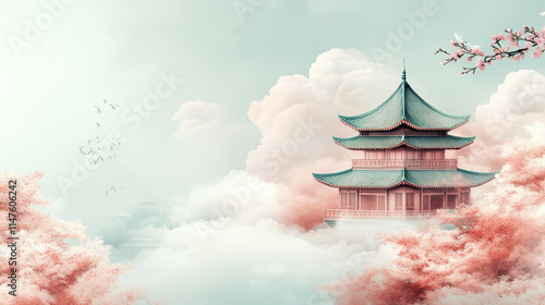 Pastel Pagoda Celebrating China's New Year Serene Landscape Digital Art Tranquil Viewpoint Cultural Richness photo