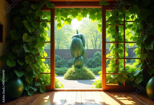 Cozy Home with Lush Bitter Gourd Vines Framing a Sunlit Window, Showcasing a Vibrant Summer Vegetable Monument in the Garden
