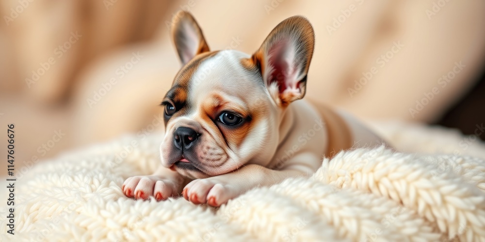 A tiny French Bulldog puppy is lounging on a fluffy blanket in a warm, inviting living room, showcasing its adorable features and playful nature A tiny French Bulldog puppy is lounging on a fluffy blanket in a warm, inviting living room, showcasing its adorable features and playful nature