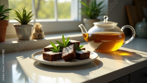 Wallpaper Mural Cannabis brownies and infused tea on a modern kitchen counter, accented with sleek utensils, potted herbs, and natural light for a stylish 420 culinary setup. Torontodigital.ca