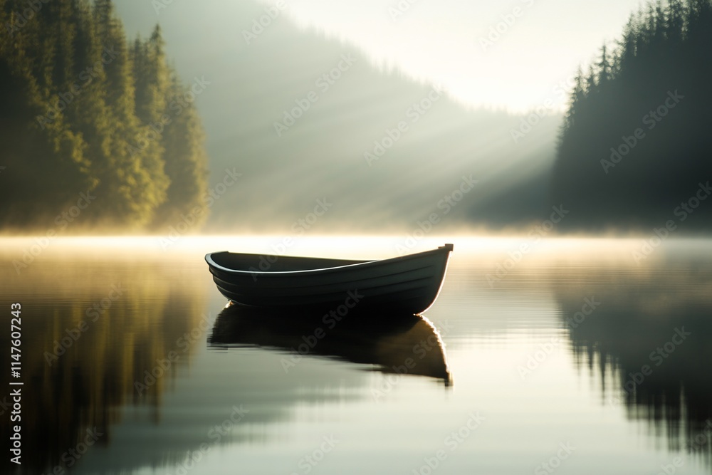 Fototapeta premium Serene boat on a misty lake at dawn.