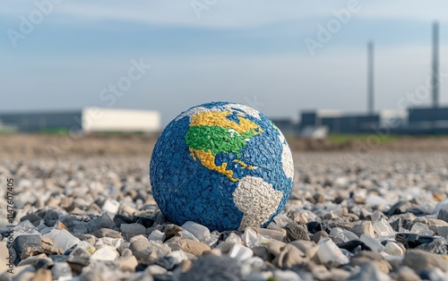 A colorful globe sits on gravel, showcasing a creative design of Earth against an industrial backdrop, symbolizing environmental themes and global awareness. photo