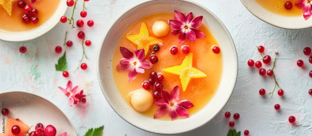 Fruit soup with starfruit, lychee, and red currants, styled for a food magazine photoshoot, bright and glossy Fruit soup with starfruit, lychee, and red currants, styled for a food magazine photoshoot, bright and glossy