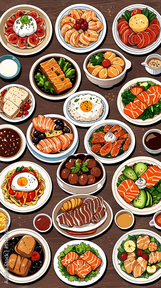 A colorful and detailed illustration of food with rice, beef, shrimp, egg, salad, and soup on a plate and bowl A colorful and detailed illustration of food with rice, beef, shrimp, egg, salad, and soup on a plate and bowl