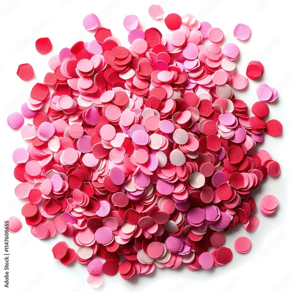 Obraz premium Vibrant confetti explosion of diverse pink and red shapes dots and patterns scattered over a clean white background Festive celebratory and modern abstract composition