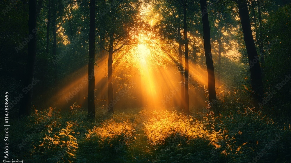 Golden sunlight streams through forest trees. Golden sunlight streams through forest trees.