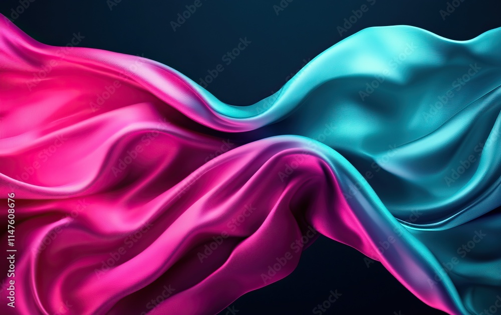 Fototapeta premium A vibrant display of flowing pink and teal fabric, showcasing smooth textures and dynamic movement against a dark backdrop.