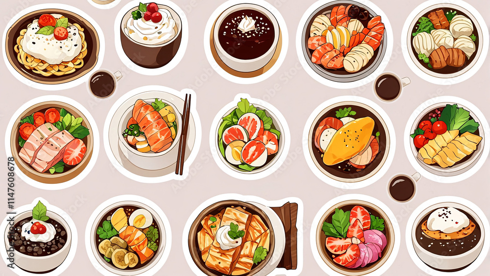 A creative and mouthwatering food design showcasing rice, beef, egg, shrimp, salad, and soup in an aesthetic style A creative and mouthwatering food design showcasing rice, beef, egg, shrimp, salad, and soup in an aesthetic style