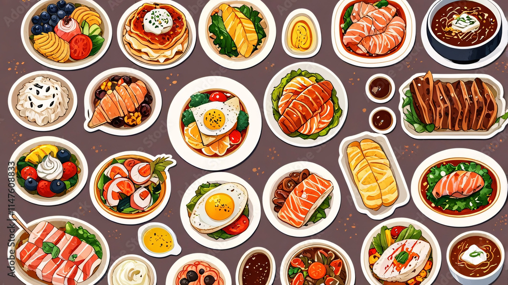 A delicious food illustration with rice, beef, shrimp, salad, egg, and soup served on a plate and bowl for an aesthetic design A delicious food illustration with rice, beef, shrimp, salad, egg, and soup served on a plate and bowl for an aesthetic design