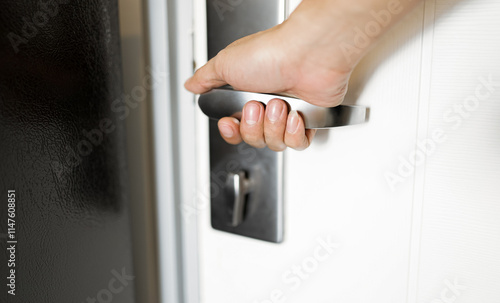 Hand opening a door with a lock in a home setting