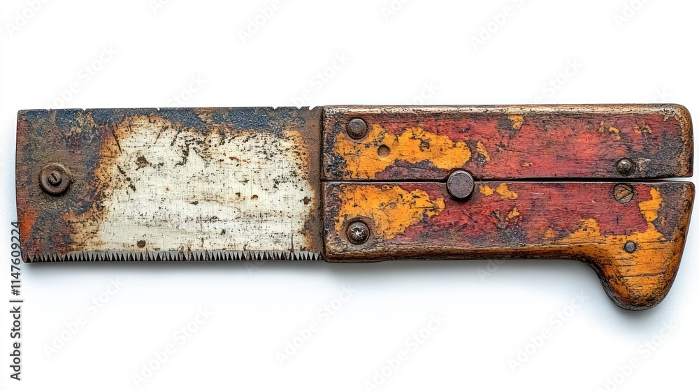 An old, rusty hand saw with a wooden handle and a worn blade, used for cutting wood. An old, rusty hand saw with a wooden handle and a worn blade, used for cutting wood.