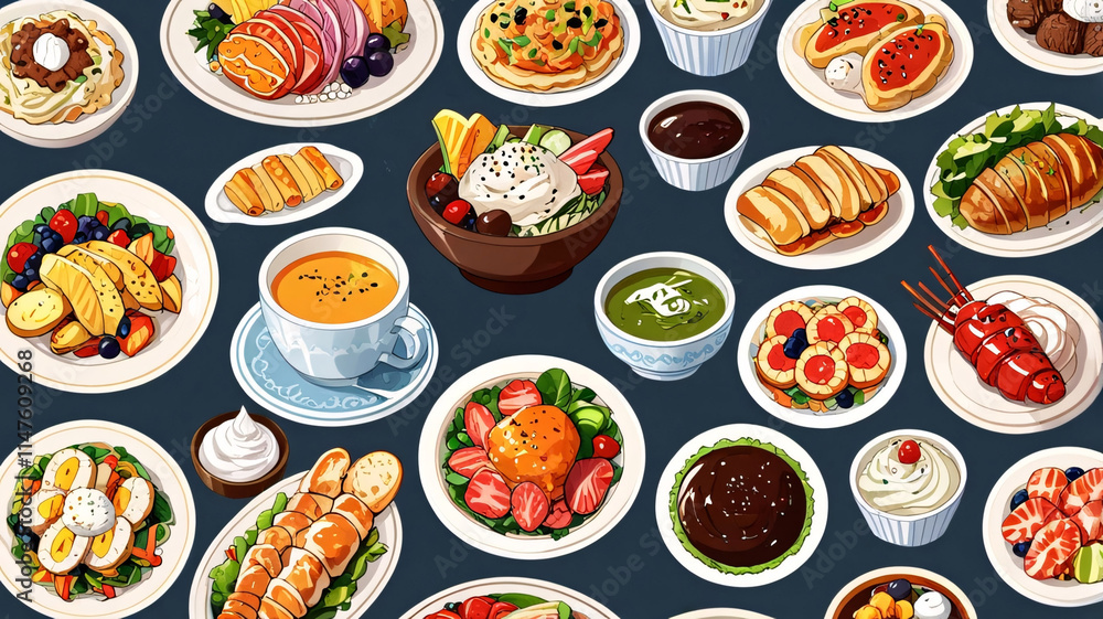 A mouthwatering design of various foods like rice, beef, egg, shrimp, salad, and soup served on plates and bowls A mouthwatering design of various foods like rice, beef, egg, shrimp, salad, and soup served on plates and bowls
