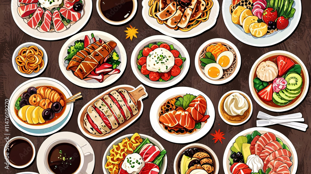 A mouthwatering food design with a plate of rice, beef, shrimp, egg, salad, and soup in a beautiful illustration A mouthwatering food design with a plate of rice, beef, shrimp, egg, salad, and soup in a beautiful illustration