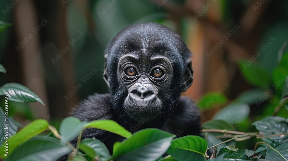Close-up portrait of a young eastern gorilla in lush green foliage, looking directly at the camera. Close-up portrait of a young eastern gorilla in lush green foliage, looking directly at the camera.