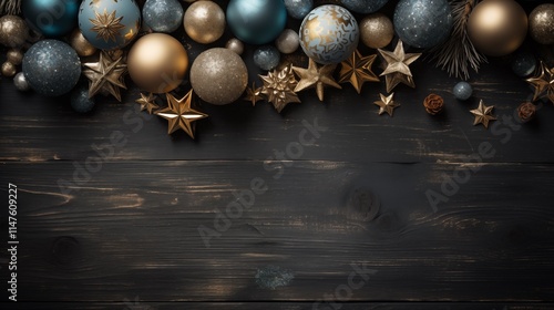 vintage christmas background with gift box blue baubles star fir branches on wooden desk photo