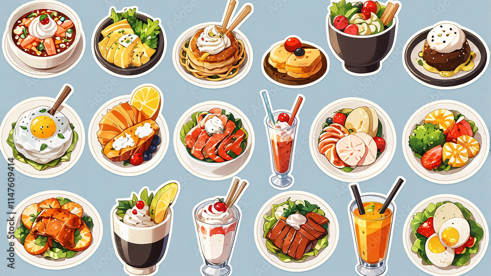 A vibrant food design showcasing rice, beef, shrimp, egg, salad, and soup creatively arranged on a plate and bowl A vibrant food design showcasing rice, beef, shrimp, egg, salad, and soup creatively arranged on a plate and bowl