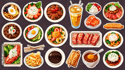 A vibrant food illustration featuring a variety of dishes like rice, beef, salad, egg, shrimp, and soup