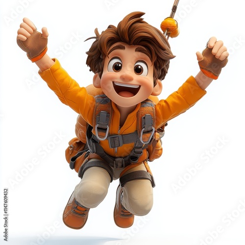 A cheerful animated character in adventure gear is joyfully jumping, showcasing excitement and a sense of exploration.