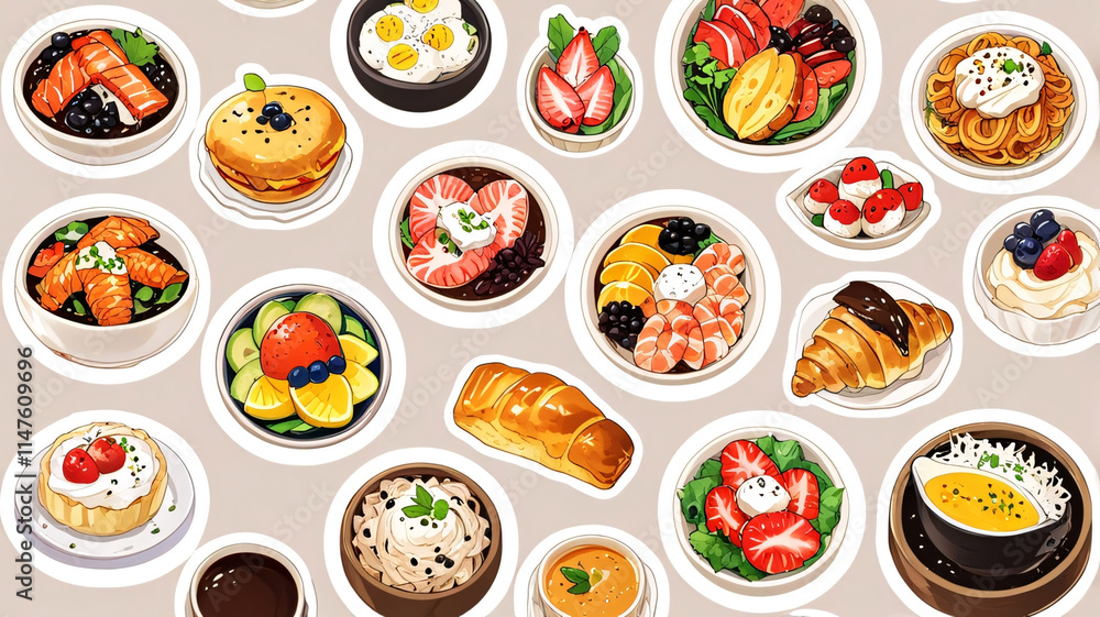 Artistic food design showing rice, beef, egg, shrimp, fresh salad, and soup on plates and bowls in a vibrant layout Artistic food design showing rice, beef, egg, shrimp, fresh salad, and soup on plates and bowls in a vibrant layout