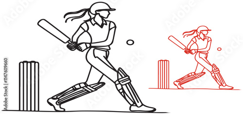 black line art girl posing cricket playing style . vector