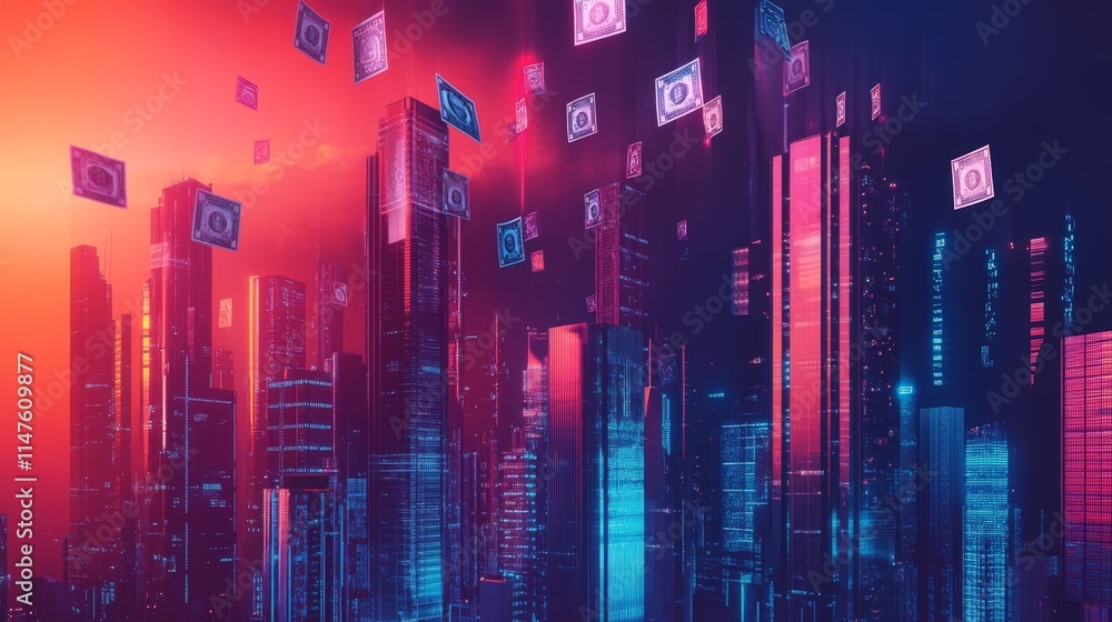 Fototapeta premium Futuristic digital cityscape cyberpunk environment digital art urban setting night view technology innovation