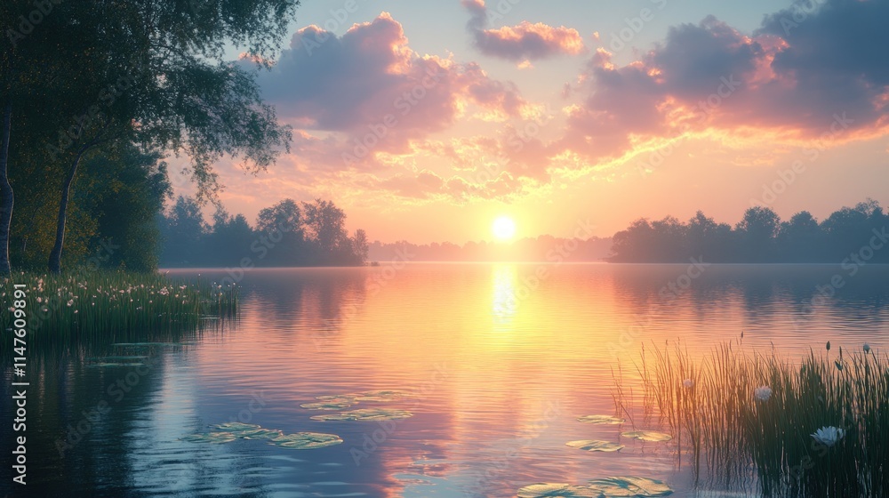 Serene sunset over calm lake, trees, water lilies. Serene sunset over calm lake, trees, water lilies.