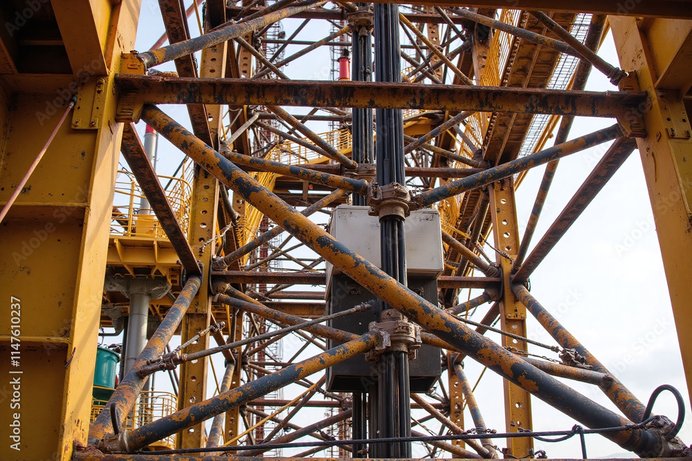 Industrial oil rig steel beams pipes yellow Industrial oil rig steel beams pipes yellow