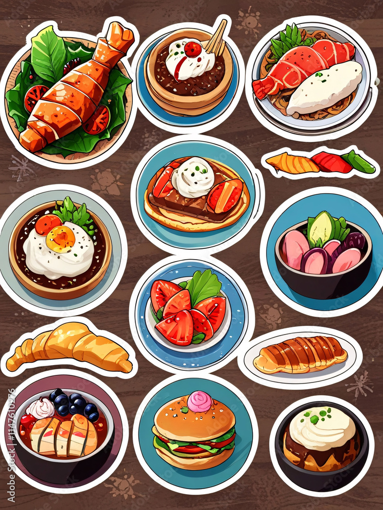 Beautifully arranged plate of rice, beef, shrimp, salad, egg, and soup in a vibrant and artistic food illustration Beautifully arranged plate of rice, beef, shrimp, salad, egg, and soup in a vibrant and artistic food illustration