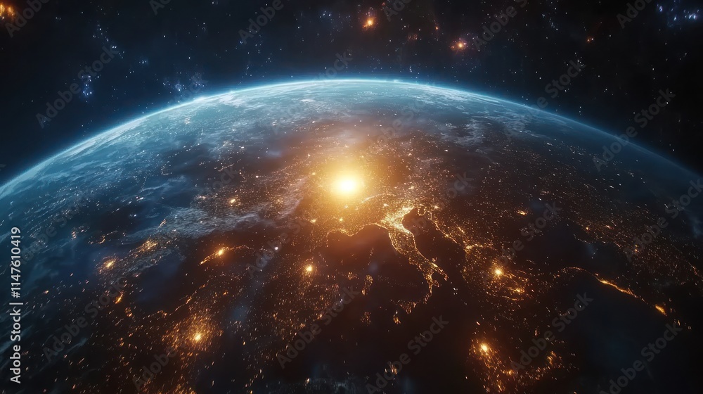 Obraz premium Satellite view of Earth with pulsating lights forming a global network 