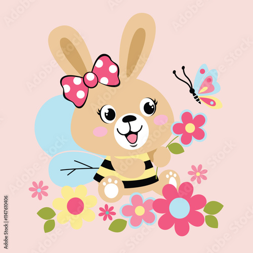 Adorable bee vector illustration enjoying sweet honey and vibrant flowers in a cheerful and whimsical nature scene  