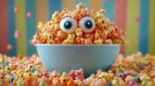 Colorful rainbow popcorn bowl with candy eyes whimsical snack adventure playful kitchen scene photo