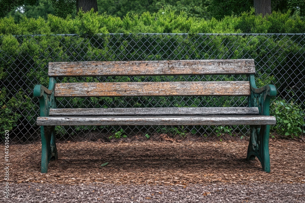 Weathered wooden bench with metal fence in garden setting. Weathered wooden bench with metal fence in garden setting.