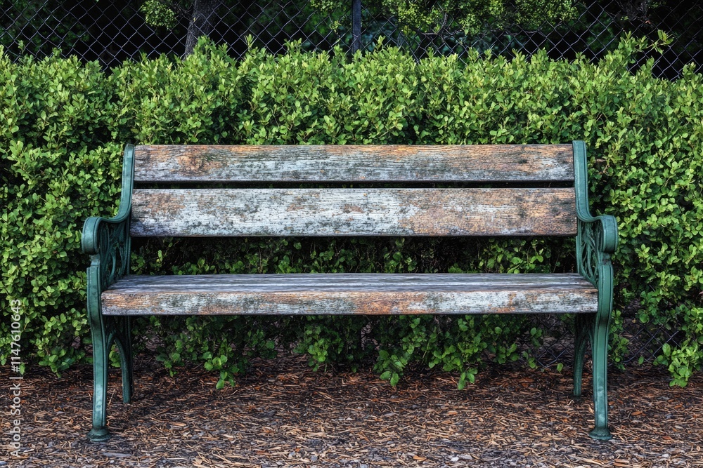 Weathered wooden bench with metal fence in garden setting. Weathered wooden bench with metal fence in garden setting.
