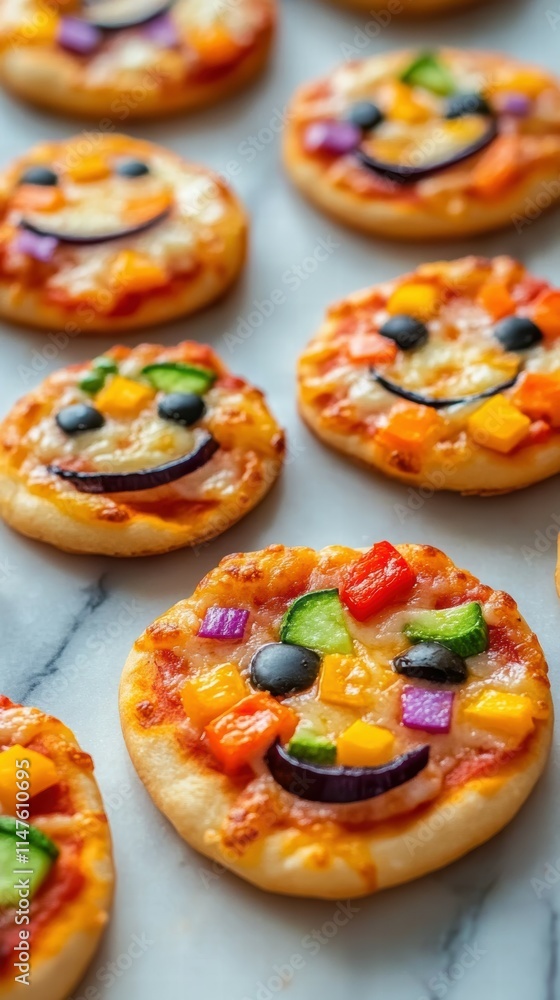 Tiny veggie and cheese pizzas with smiley faces fun and colorful kitchen photography Tiny veggie and cheese pizzas with smiley faces fun and colorful kitchen photography
