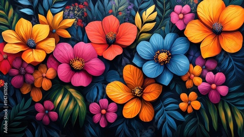 Wallpaper Mural Vibrant, tropical flowers and dark leaves. Torontodigital.ca