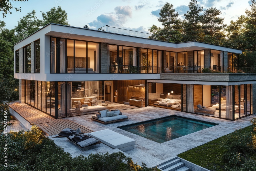 Fototapeta premium Modern villa with open plan living private bedroom wing and pool.